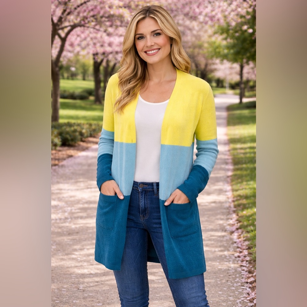 NWOT A New Day Colorblock Open Front Long Cardigan Yellow Blue Teal Size XXL